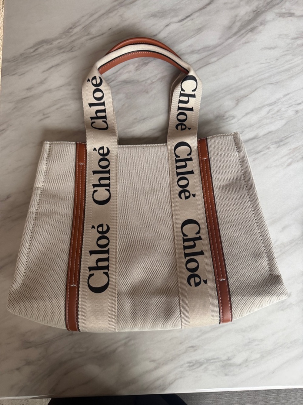 Replica Chloé Beige Canvas and Tan Leather Logo Strap Tote